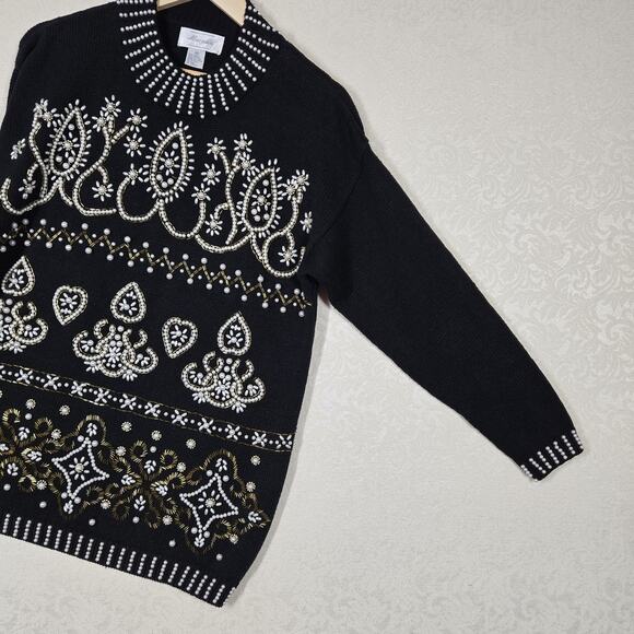 VTG Margules Sweater sz M Black Heavily Beaded Pearl Front Mock Neck Grandmacore - Picture 7 of 16